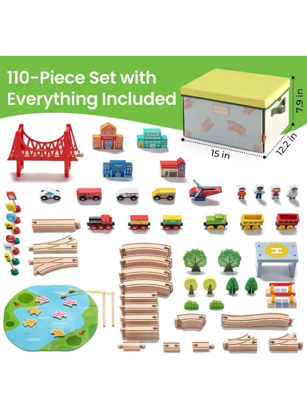 110pcs Wooden Train Set with Folding Storage Box - Educational Toy for Kids